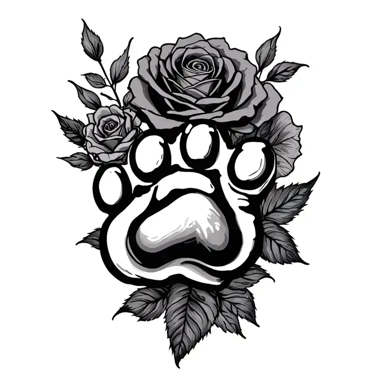 roses and flowers with a  paw print surrounded tattoo design idea