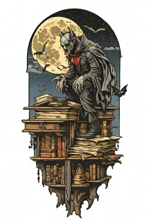 A vampire sitting atop of books. Full moon outside window. Bats flying and hanging. tattoo design idea