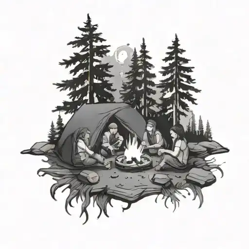 A black-grey tattoo of a group of friends around a campfire under the stars, symbolizing quality time spent with loved ones in the great outdoors tattoo design idea