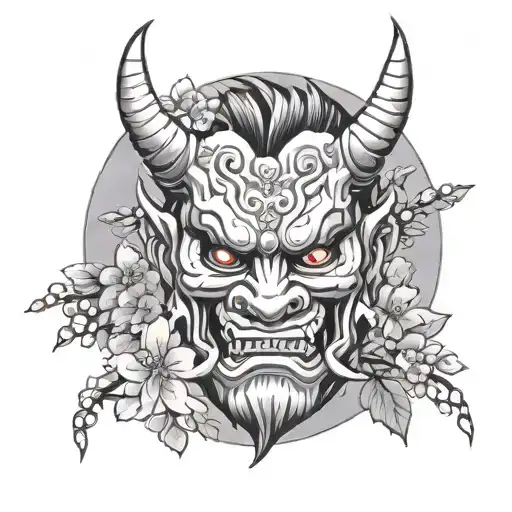 oni mask surrounded sakura tree tattoo design idea