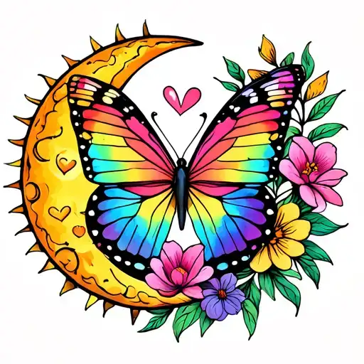 Sun, moon, hearts, rainbow butterfly and azela flower tattoo design idea