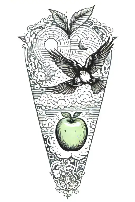 A green apple in the foreground, A swallow flying amongst the clouds in the background, a womans hand wearing a cuff tattoo design idea