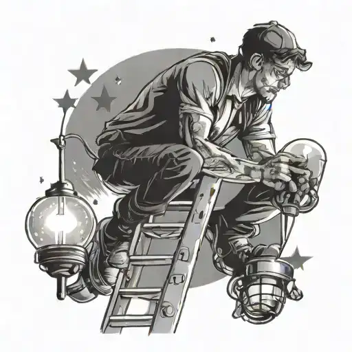man on ladder changing light bulbs that are stars tattoo design idea