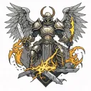 An angelic warrior with gothic armor and a sword made of lightning, standing on a pile of broken gaming controllers tattoo design idea