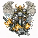 An angelic warrior with gothic armor and a sword made of lightning, standing on a pile of broken gaming controllers tattoo design idea