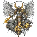 An angelic warrior with gothic armor and a sword made of lightning, standing on a pile of broken gaming controllers tattoo design idea