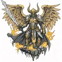 An angelic warrior with gothic armor and a sword made of lightning, standing on a pile of broken gaming controllers tattoo design idea