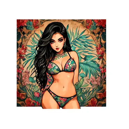 Sexy girl, petite, small boobs, wide hips, bikini . long hair,sexual. Seductive. Full Body, standing with legs and feet tattoo design idea