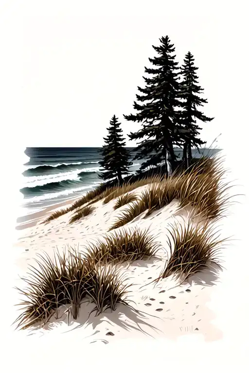 beach + dunes + pine trees + brown grasses tattoo design idea