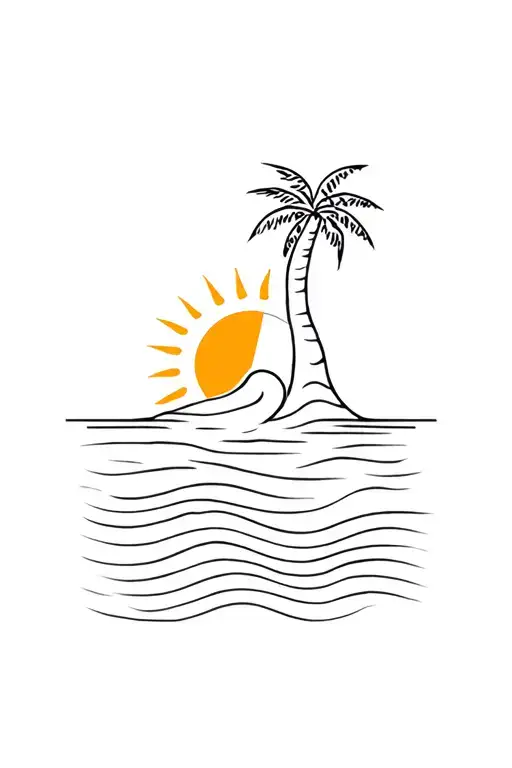 simple tattoo with a sun, a palm tree and wave merging tattoo design idea