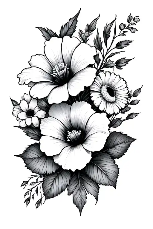A small black fine line tattoo for the wrist. A bunch of flowers with a native hibiscus flower, chrysanthemum and poppy tattoo design idea