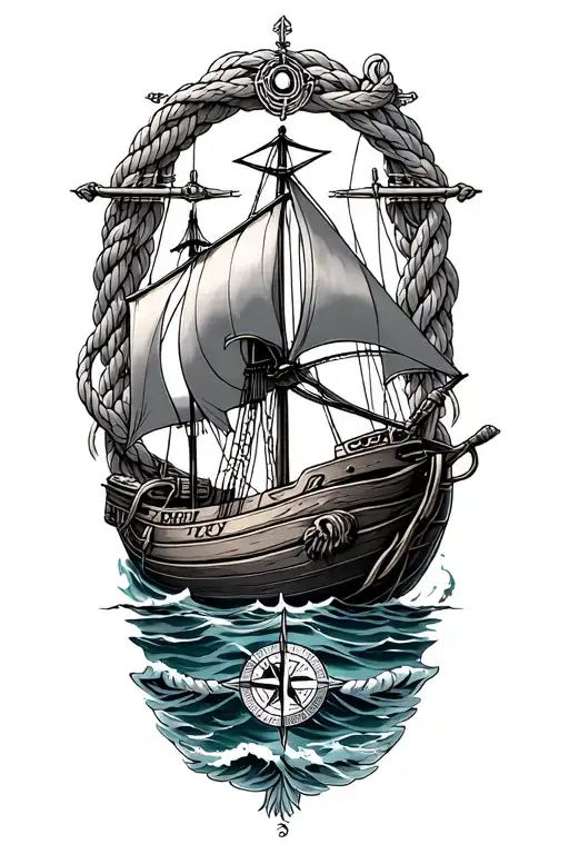 sea, sail, Greek mythology, compass, rope tied tattoo design idea