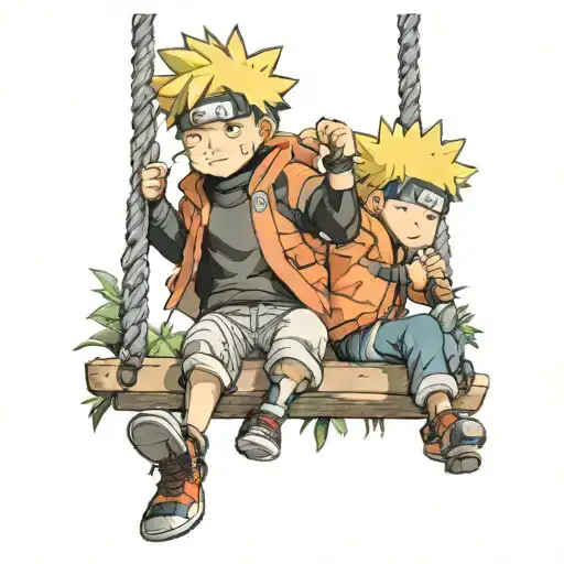 little naruto on a swing with naruto in hokage outfit tattoo design idea