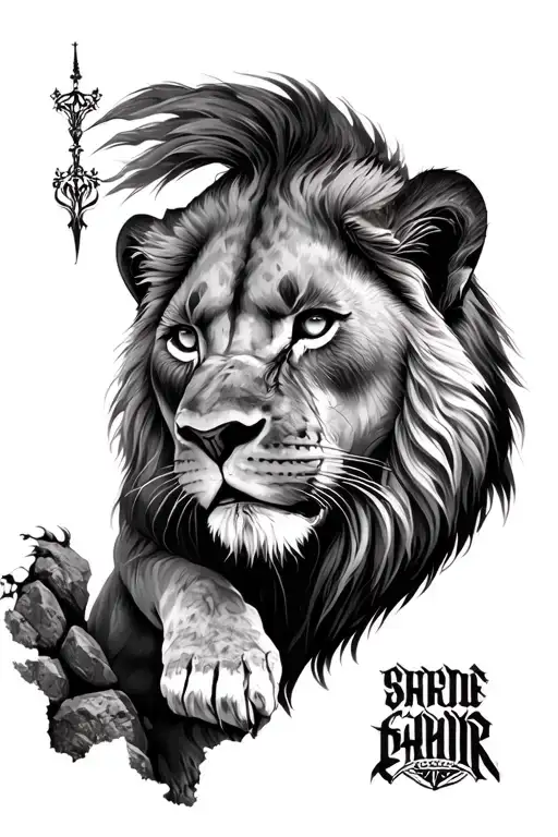 lioness mother behind warrior queen on rock hill tattoo design idea