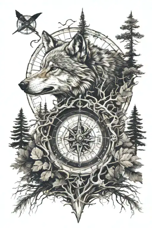 dense pinefores landscape with a wolf head and compass at the bottom surrounded with roots tattoo design idea