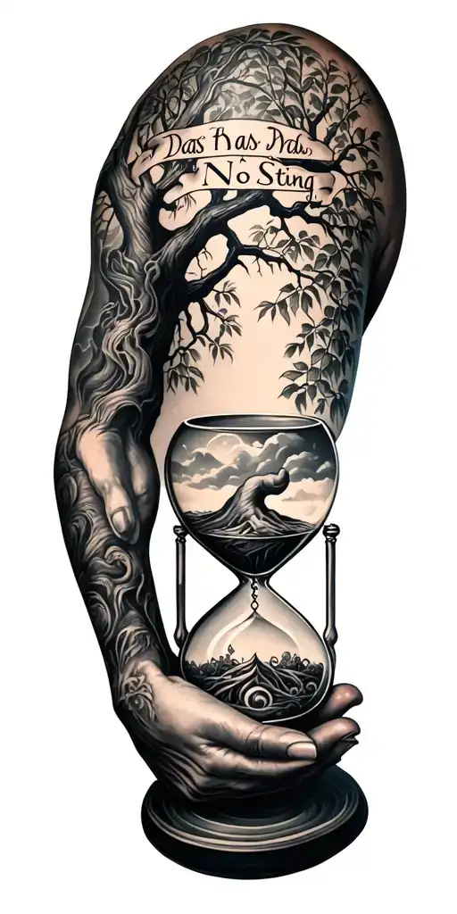"Death Has No Sting" left arm sleeve tattoo with an image of the tree of life, an hour glass with a hand holding it from the bottom  tattoo design idea