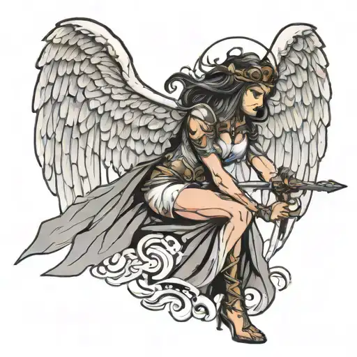 side view of female angel warrior wielding a sword tattoo design idea