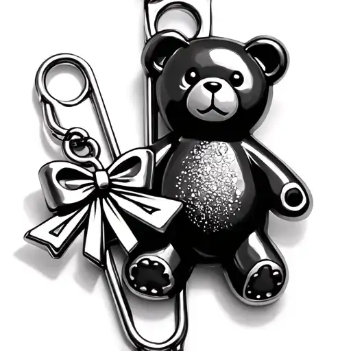 safety pin with three charms (teddy bear, a bow, and a paper airplane tattoo design idea