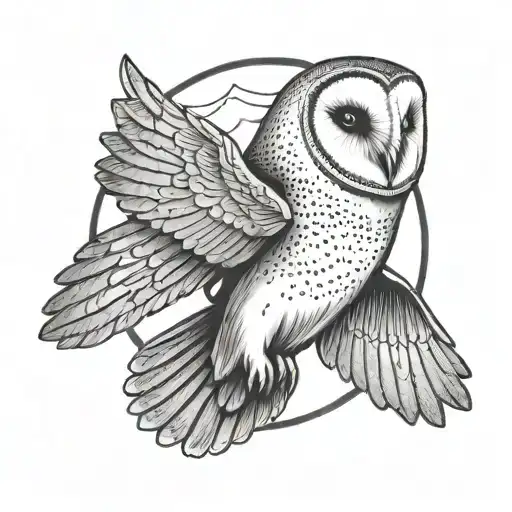 A black and white symmetrical tattoo of a barn owl (Tyto alba) in mid-flight.  tattoo design idea