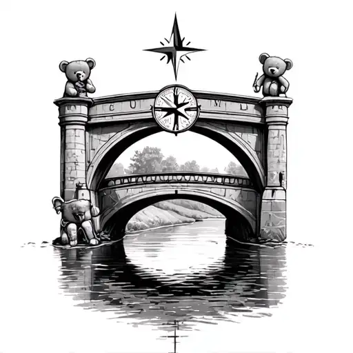 half time half compass teddy bears horse racing silks river under a small bridge with the compass beinh the main part tattoo design idea