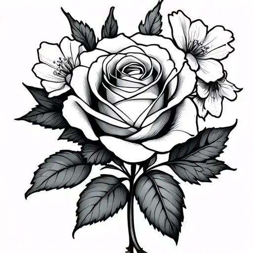 A small, black and grey line art tattoo featuring a small rose and paperwhite flowers placed side-by-side petite tattoo design idea