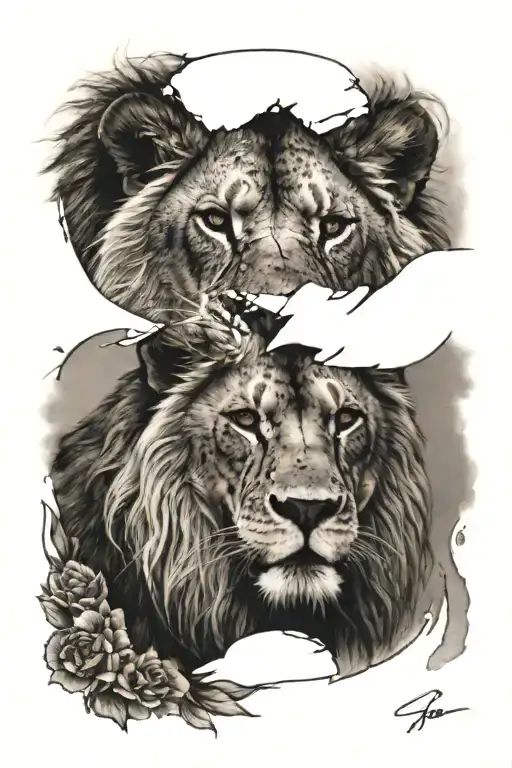 A Lion head with scars, old and proud fading to a black bear head with scars, strong and imponent. tattoo design idea