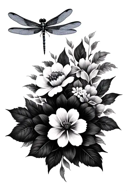Dragonfly with black and white flowers with mandala tattoo design idea
