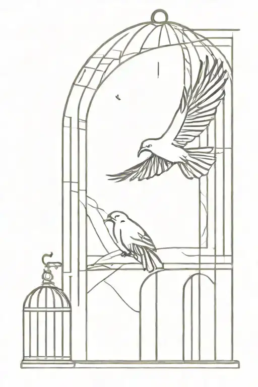 a single bird flying out of a cage that imprisoned it, representing freedom tattoo design idea