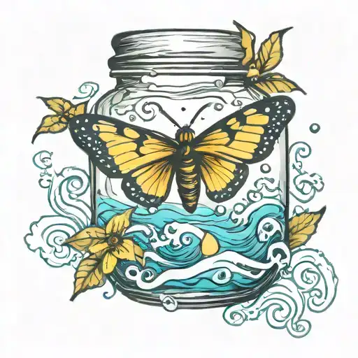 butter fly trapped in a jar in the ocean waves tattoo design idea