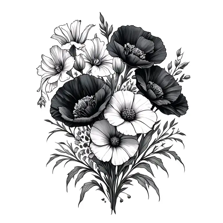 flowers with poppy, gladiolus, aster and morning glory flowers tattoo design idea