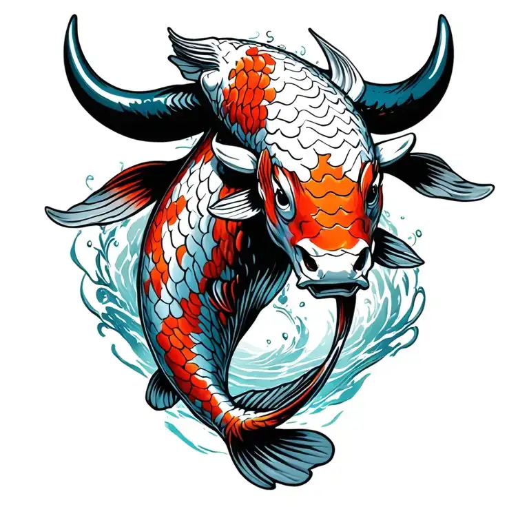 jumping koi fish Body with bull head only black White tattoo design idea