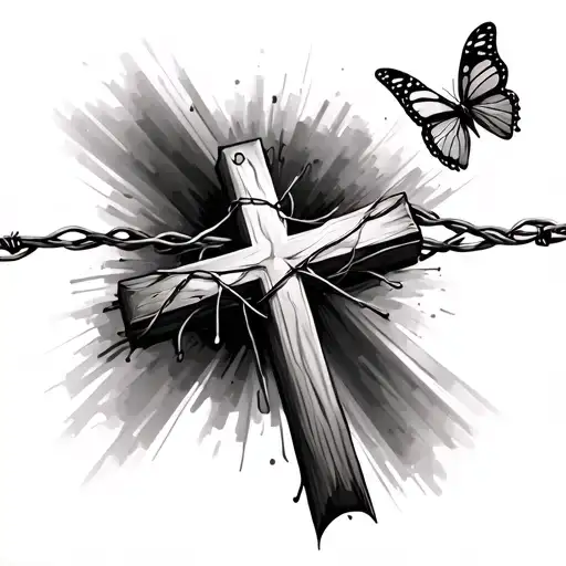 Cross with barbwire like a rainbow around it and butterflies wrapped in the wire tattoo design idea
