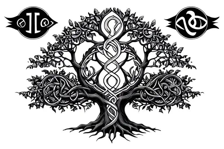 baboab tree with celtic libra symbol and african pisces symbol intwined and african gemini taurus aquarious capricorn tattoo design idea