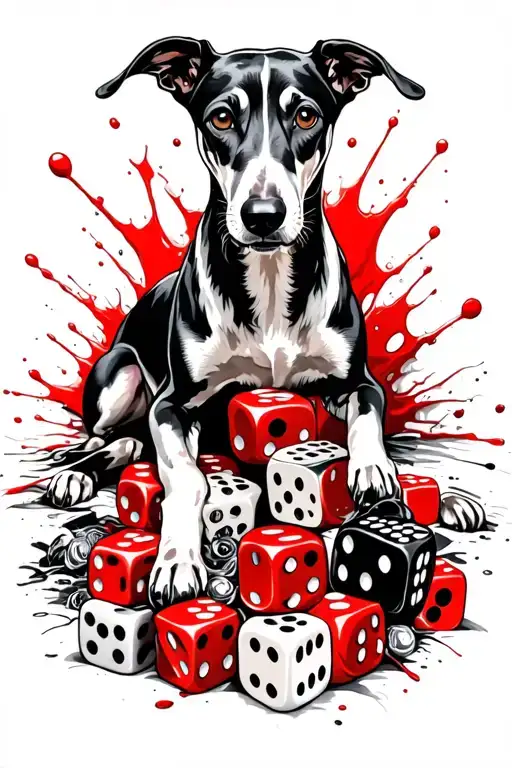 Black Greyhound with a black chest and legs lying down 100s of small dice tattoo design idea