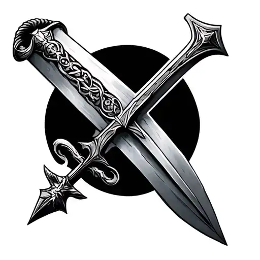 Black and gray tattoo on the pectoral and shoulder, representing a medieval sword of Excalibur style which is transformed tattoo design idea