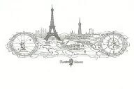 world map, compass, eiffel tower, dubai tower skyline, clock, compass, watchmaking,  tattoo design idea
