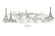world map, compass, eiffel tower, dubai tower skyline, clock, compass, watchmaking,  tattoo design idea