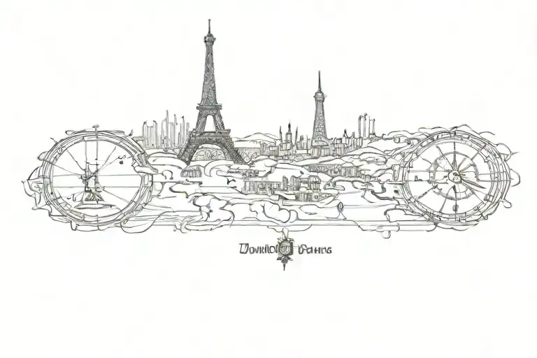 world map, compass, eiffel tower, dubai tower skyline, clock, compass, watchmaking,  tattoo design idea