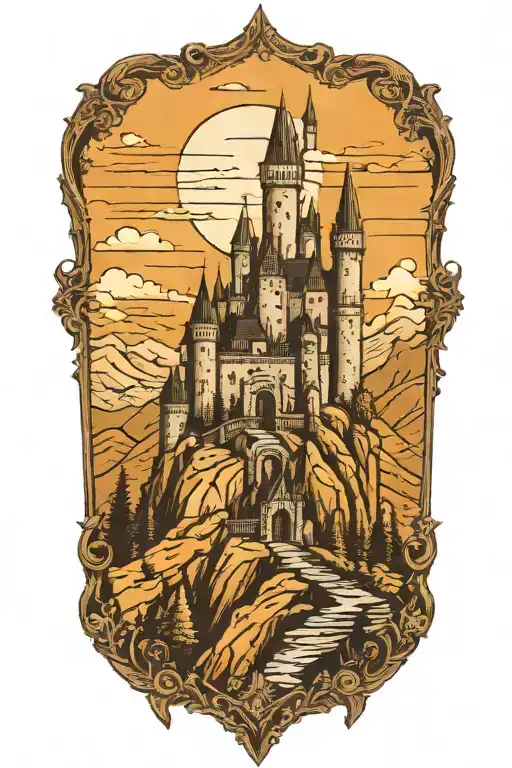 Gothic Medieval castle overlooking mountains tattoo design idea