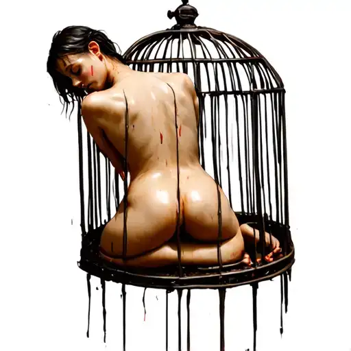 Image of a naked, tense woman. The woman is displayed like a statue, trapped in a cage in a scary, dirty, embroidered, r tattoo design idea