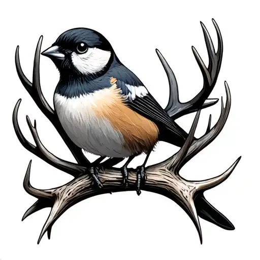 coal tit sitting on top of deer antlers surrounded tattoo design idea