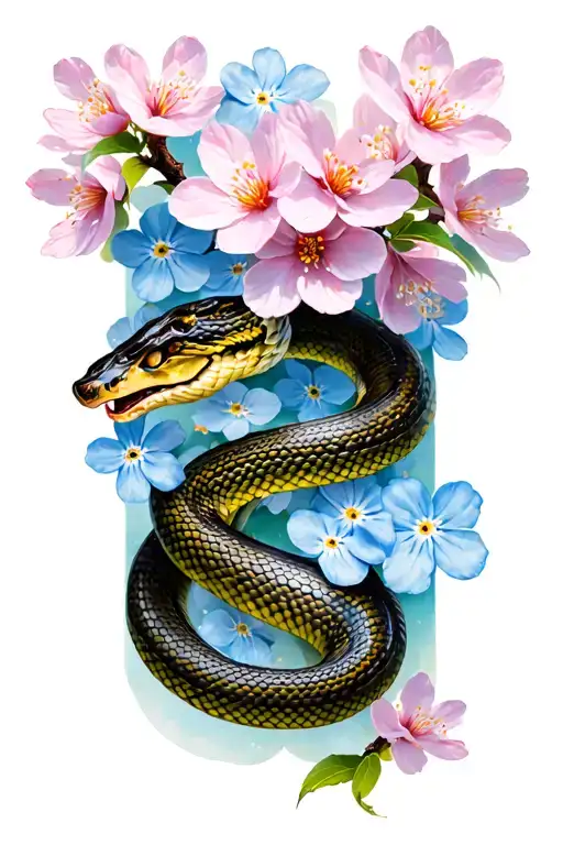 Cherry blossom tree, with forget-me-nots and a snake wrapped around it tattoo design idea