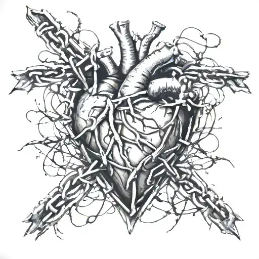 Left male chest tattoo containing a heart, covered with broken ribs. Barbed wire pulling back the skin. tattoo design idea