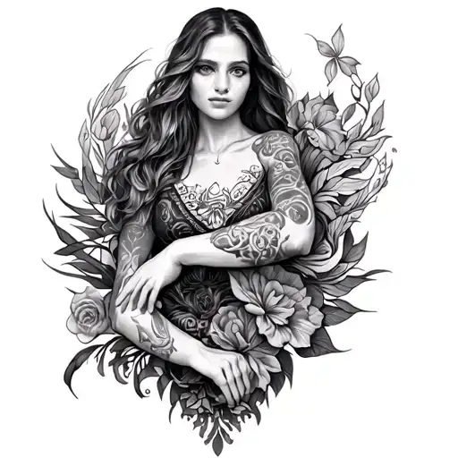 Full black and grey forearm sleeve tattoo, wrapping from elbow to wrist. Incorporates elements from an existing inner fo tattoo design idea