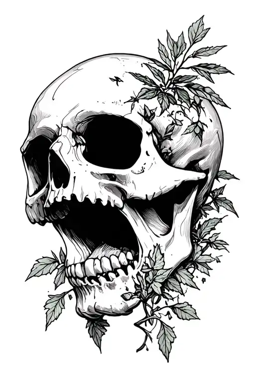 Skull with open mouth and herbs-of-grace growing out of it  tattoo design idea