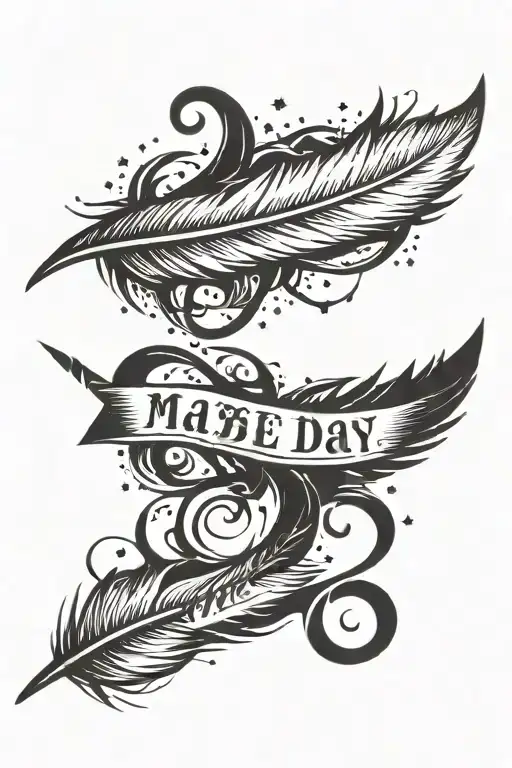 feather with stars around it and the words "maybe one day" written tattoo design idea