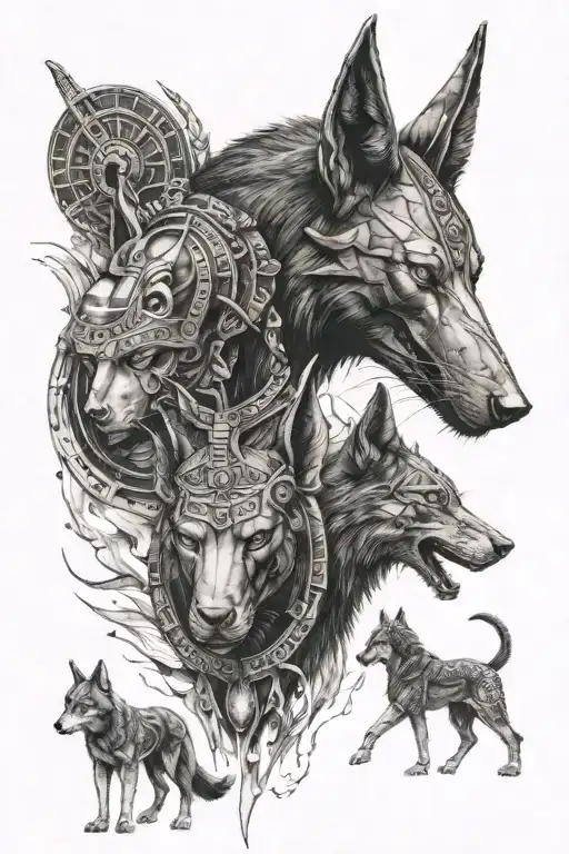 anubis in the top and assasinas and ware wolf in bottom tatto  tattoo design idea