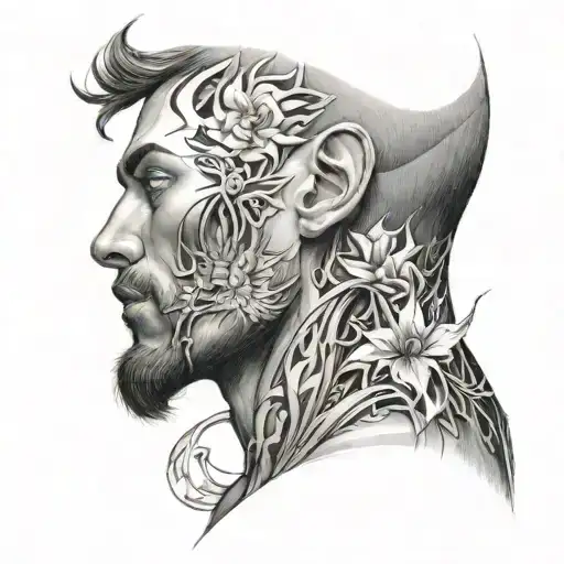 Annotation on the neck going to the shoulder for a thin athletic guy 180 cm tall tattoo design idea