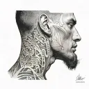 Annotation on the neck going to the shoulder for a thin athletic guy 180 cm tall tattoo design idea