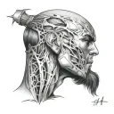 Annotation on the neck going to the shoulder for a thin athletic guy 180 cm tall tattoo design idea